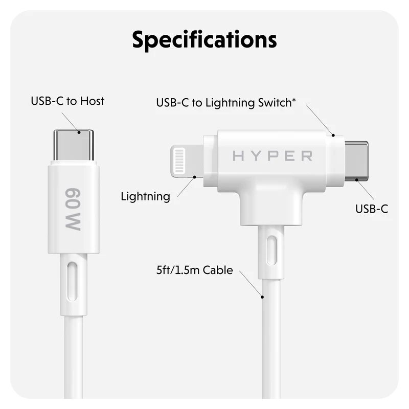 HyperJuice USB-C und Lightning Hybrid-Silikonkabel (1,5m) - Weiß