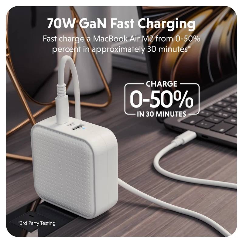 HyperJuice® 70 W USB-C GaN-Reiseladegerät mit Sicherheitsprüfung – Weiß