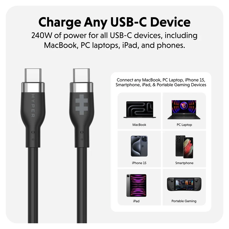 HyperJuice 240W Silikon USB-C zu USB-C Kabel (3ft/1m) - Schwarz