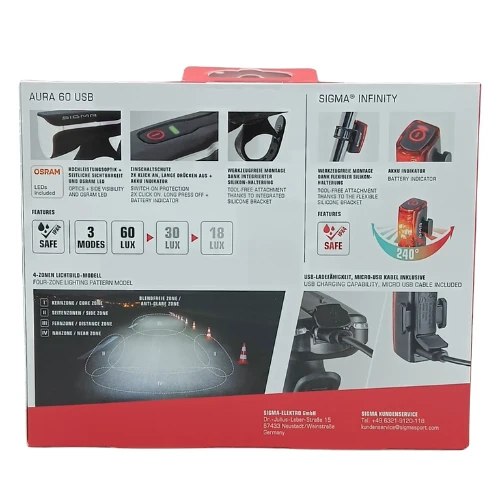 Sigma Aura 60 + Infinity USB Fahrradbeleuchtung Set StVZO