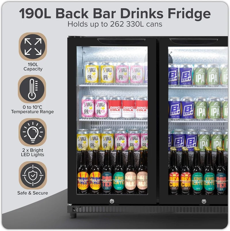 Back Bar Drinks Fridge with Hinged Double Door, 190L Capacity DH272