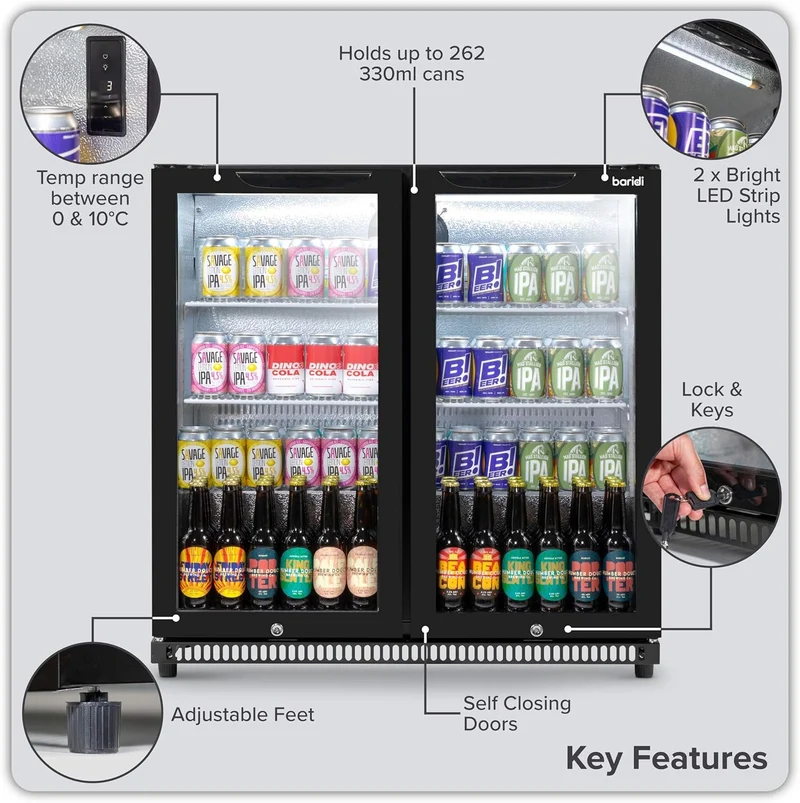 Back Bar Drinks Fridge with Hinged Double Door, 190L Capacity DH272