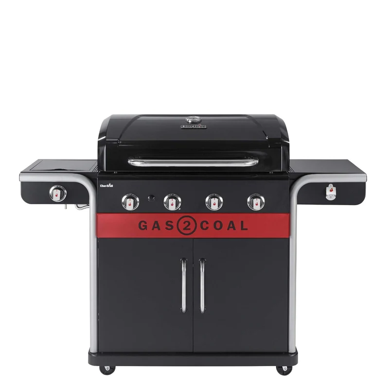 Hybrid Gas & Charcoal BBQ Grill with Cast Iron Grates & Temperature Gauge