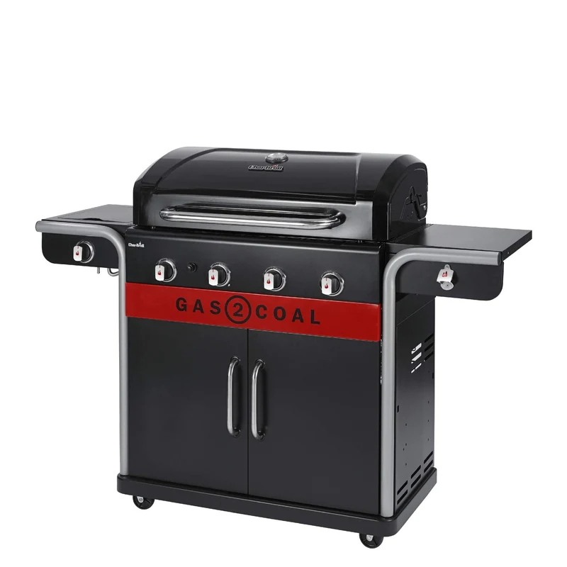 Hybrid Gas & Charcoal BBQ Grill with Cast Iron Grates & Temperature Gauge