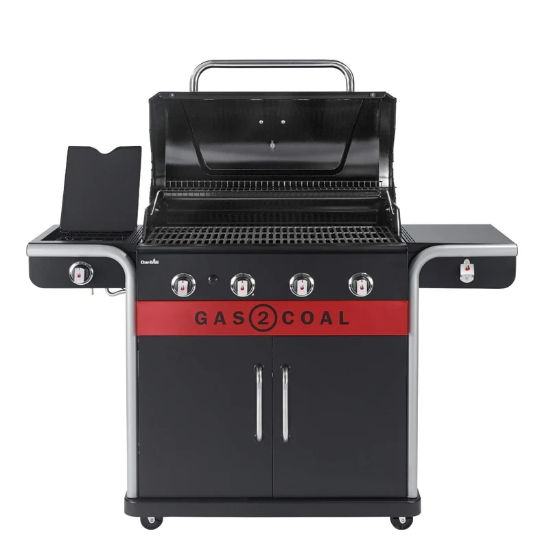 Hybrid Gas & Charcoal BBQ Grill with Cast Iron Grates & Temperature Gauge