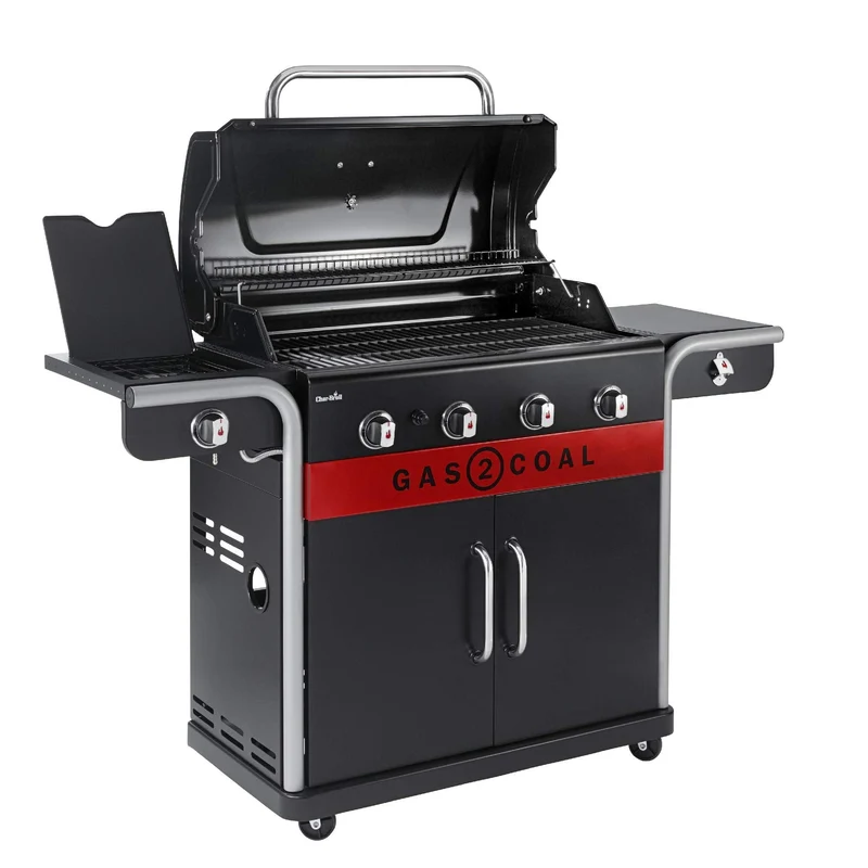 Hybrid Gas & Charcoal BBQ Grill with Cast Iron Grates & Temperature Gauge