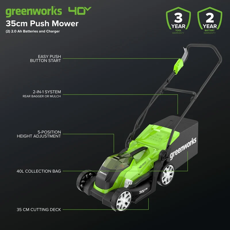 40V Cordless Lawn Mower with Batteries, Charger & 40L Grass Collection Bag