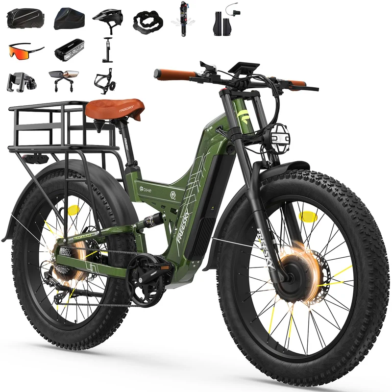 26" Dual Motor Electric Fat Tyre Mountain Bike 48V 30Ah Full Suspension AWD