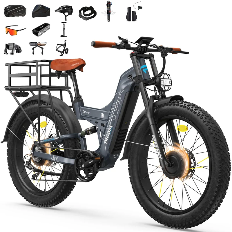 26" Dual Motor Electric Fat Tyre Mountain Bike 48V 30Ah Full Suspension AWD