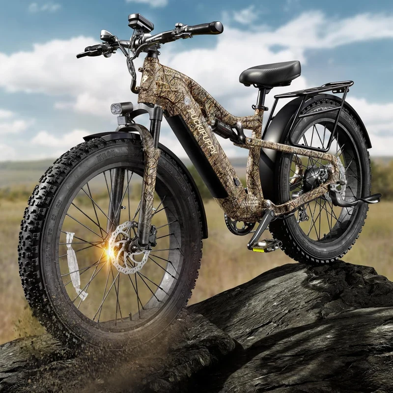 Electric Bicycle with Removable 48V Battery, Full Suspension, 7-Speed Gears, 26-Inch Fat Tires