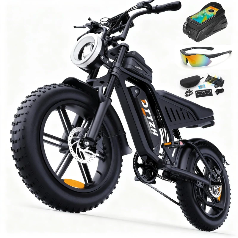 Electric Bicycle with Removable Battery, Dual Suspension, 7-Speed Gears, 20-Inch Fat Tires, LCD Display, Adult Use